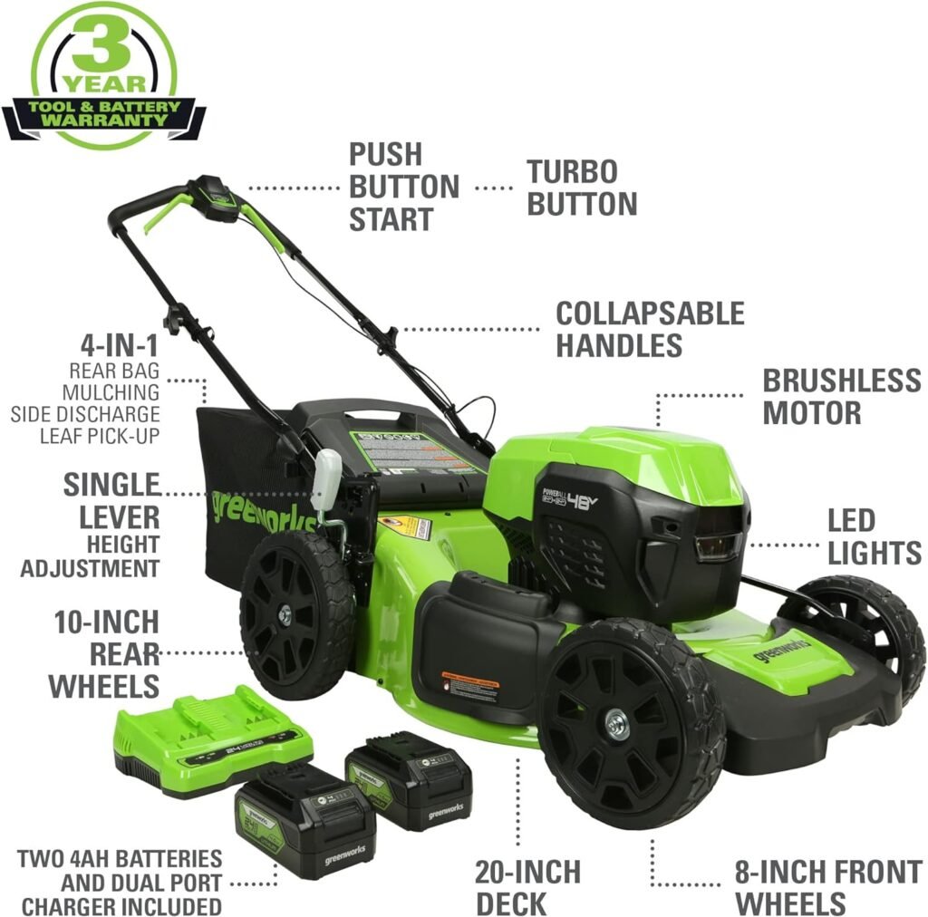 Greenworks 48V (2 x 24V) 20 Brushless Cordless (Push) Lawn Mower (LED Headlight), (2) 4.0Ah Batteries and Dual Port Rapid Charger Included (125+ Compatible Tools)