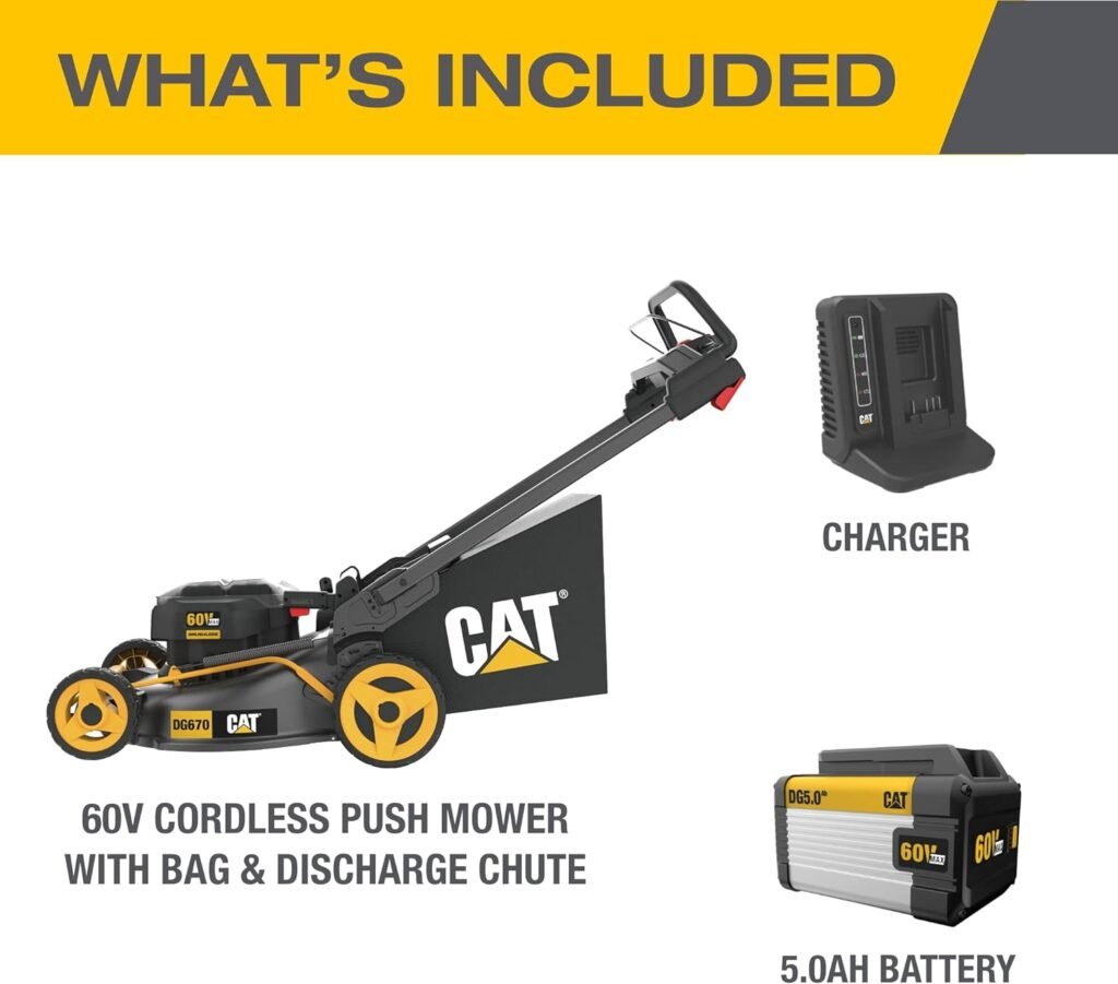 Cat DG670 60V 21” Cordless Lawn Mower 3-In-1 Cutting Modes, Brushless Battery Lawn Mower with TorqLogic, Easy-Adapt Walk-Behind Push Lawn Mower – Battery Charger Included