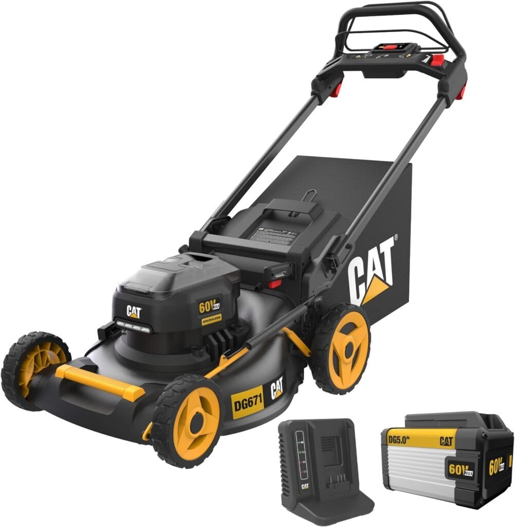 Cat DG671 60V 21” Self-Propelled Cordless Lawn Mower 3-In-1 Cutting Modes, Brushless Battery Lawn Mower with TorqLogic, Easy-Adapt Self-Propelled Lawn Mower – Battery Charger Included