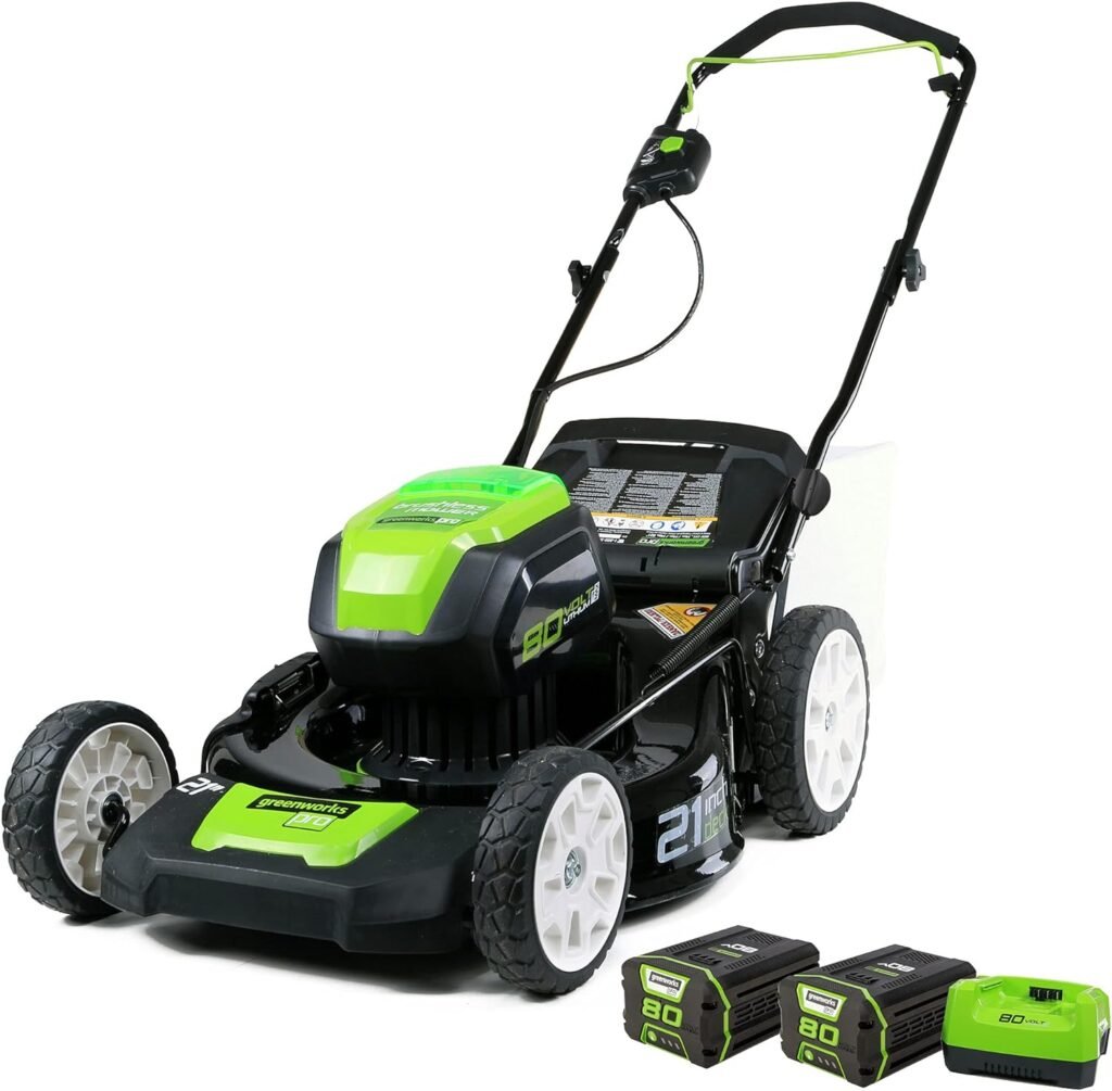 Greenworks 80V 21 Brushless Cordless (Push) Lawn Mower (75+ Compatible Tools), (2) 2.0Ah Batteries and 30 Minute Rapid Charger Included