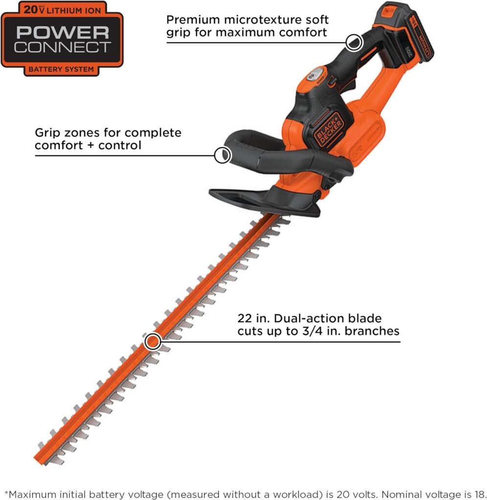 BLACK+DECKER 20V MAX Cordless Hedge Trimmer with Power Command Powercut, 22-Inch (LHT321FF)