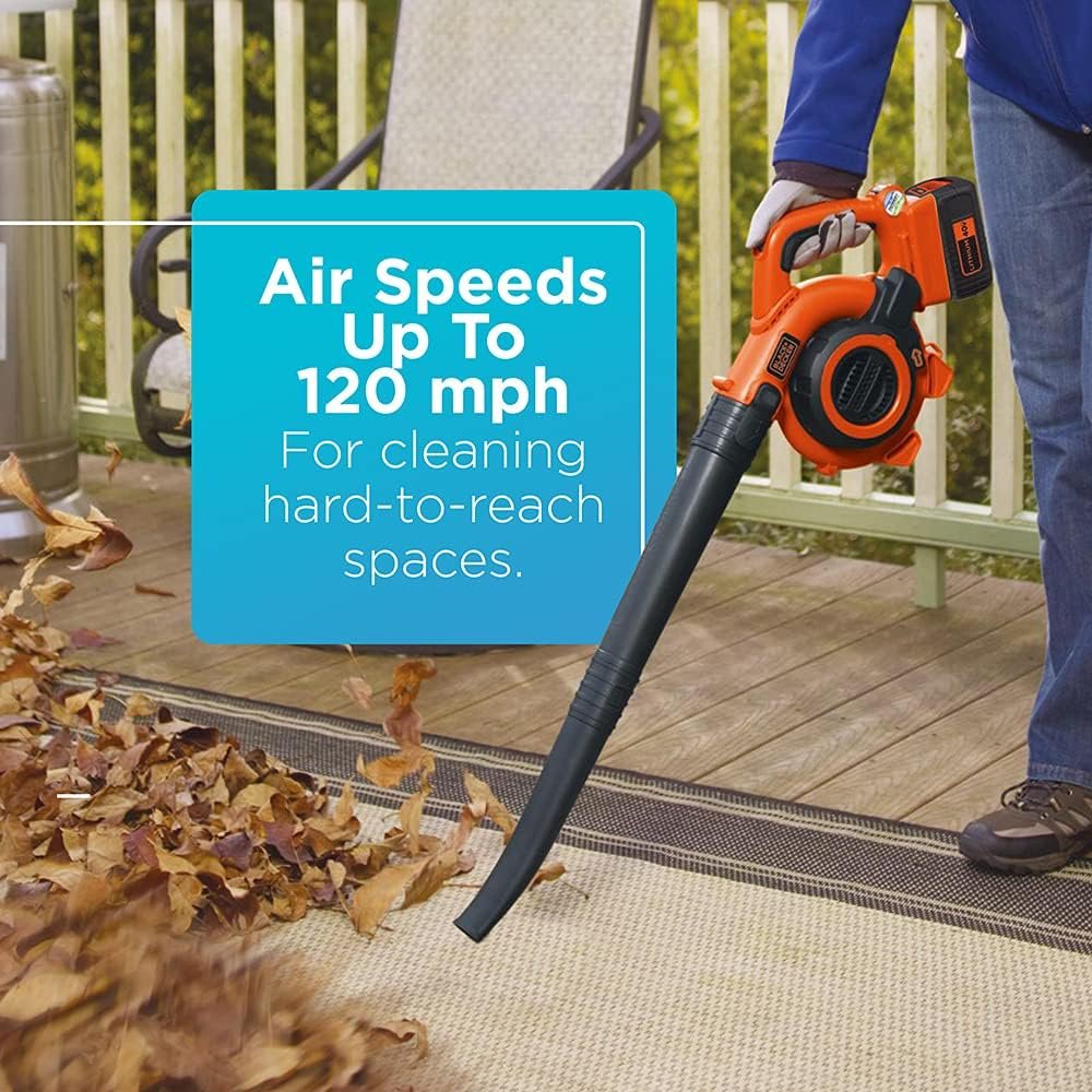 BLACK+DECKER 40V Cordless Leaf Blower Kit, 120 mph Air Speed, 6-Speed Dial, Built-In Scraper, With Collection Bag, Battery and Charger Included (LSWV36)