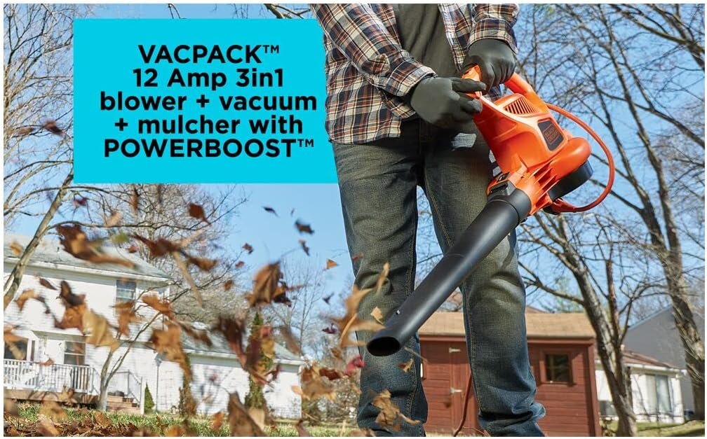 BLACK+DECKER Electric Leaf Blower, Leaf Vacuum and Mulcher 3 in 1, 250 mph Airflow, 400 cfm Delivery Power, Reusable Bag Included, Corded (BEBL7000)