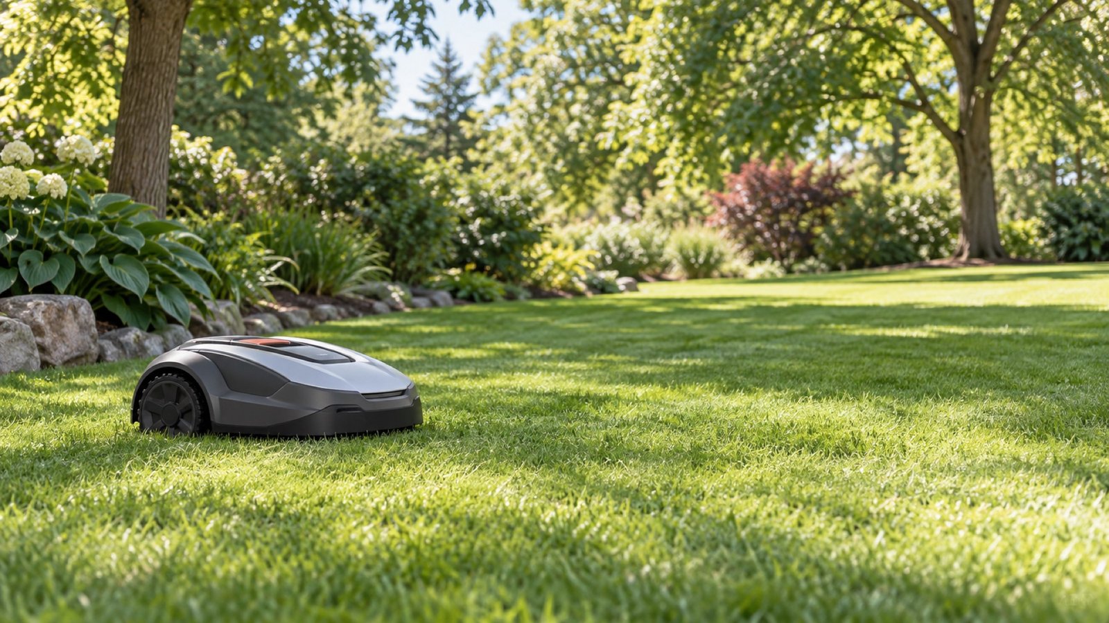 Robotic lawn mower cutting grass in a landscaped backyard