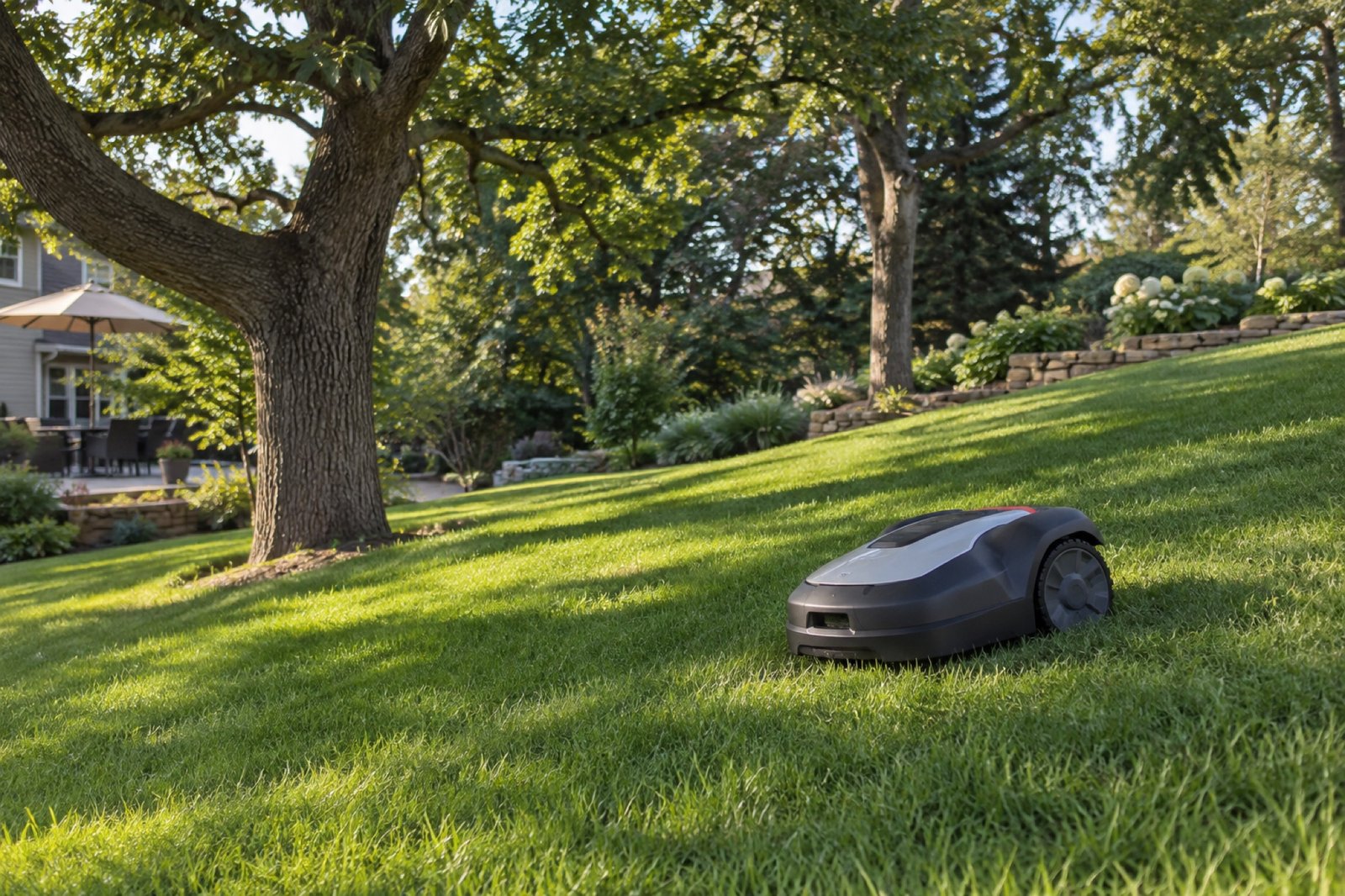 Generic robotic lawn mower working on a shaded, gently sloped yard